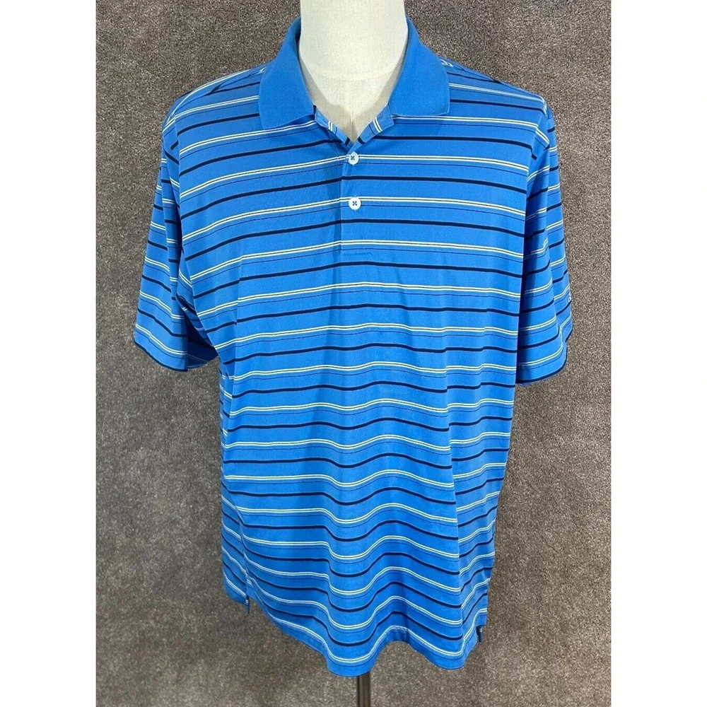 Adidas Shirt Mens Large Blue Stripe Climalite Short Sleeve Collared‎ Golf Polo